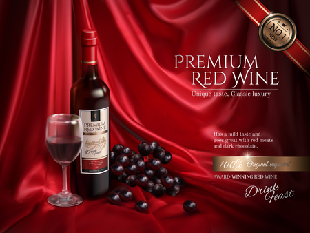 Premium wine ads, delicious wine with grape and wine glass on red satin background in 3d illustrationのイラスト素材