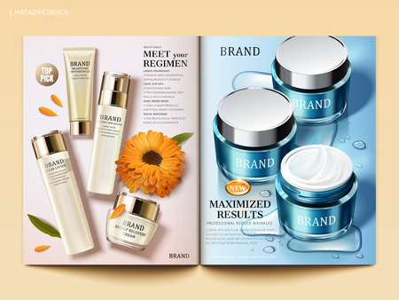 Cosmetic magazine template, Moisturizing skin care products with water drops and calendula elements in 3d illustrationのイラスト素材