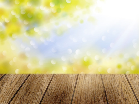 Natural bokeh background, outdoor sunshine and green leaves with wooden table in 3d illustrationのイラスト素材