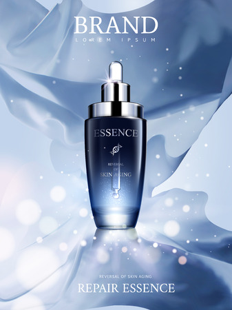 Elegant essence ads, dark blue droplet bottle in 3d illustration, soft floating fabric with glitter spots backgroundのイラスト素材