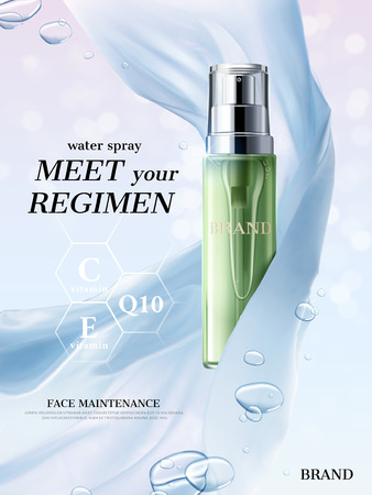 Refreshing lotion ads, translucent green bottle with floating silk fabric and water drops elements in 3d illustration, bokeh glitter backgroundのイラスト素材