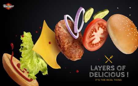 Jumping Burger ads, delicious and attractive hamburger with refreshing ingredients in 3d illustration on black backgroundのイラスト素材
