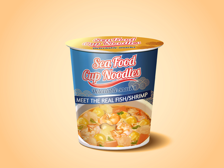 Seafood Cup Noodles, instant noodles product package design in 3d illustrationのイラスト素材