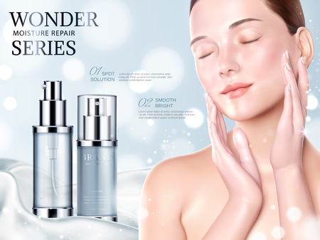 Skincare cosmetic ads, Moisture products with beautiful woman model, blue bokeh background in 3d illustrationのイラスト素材