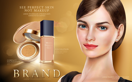 Foundation makeup ads, pretty model in short hair with foundation and cushion compact in 3d illustration, golden color backgroundのイラスト素材