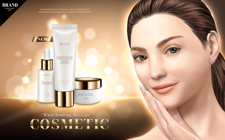 Cosmetic skincare ads, moisture soothing products with a beautiful model isolated on glittering background in 3d illustrationのイラスト素材
