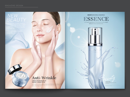 Cosmetic magazine template, elegant model with anti-wrinkle cream on her face, essence spray bottle with splashing liquid in 3d illustrationのイラスト素材