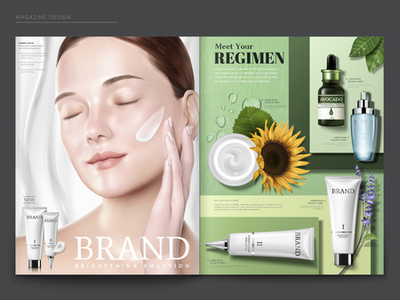 Cosmetic magazine template, elegant model with cream on her face, skincare products on green geometric background, in 3d illustrationのイラスト素材