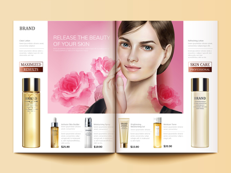 Cosmetic magazine template, skin care products with beautiful model in 3d illustration, peony or rose watercolor elementsのイラスト素材