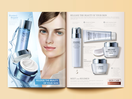 Cosmetic magazine template, moisturizing products with flowing water texture and beautiful model in 3d illustrationのイラスト素材