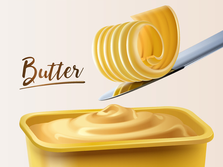 Creamy butter container, curl butter on knife in 3d illustrationのイラスト素材