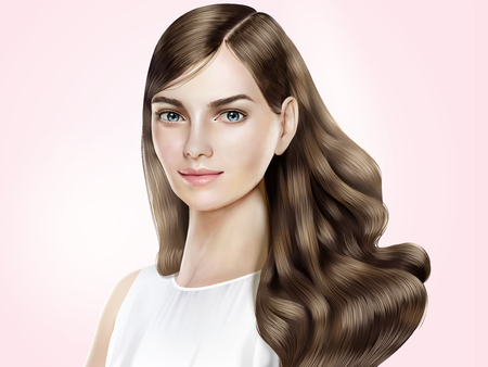 Attractive hair model, beautiful woman with shiny long hair in 3d illustration, pink background