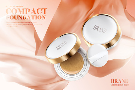Compact foundation ads, golden frame compact with puff isolated on peach color flying chiffon in 3d illustrationのイラスト素材
