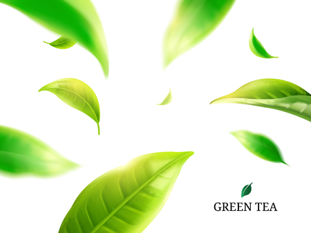 Green tea leaves flying around on white background in 3d illustrationのイラスト素材