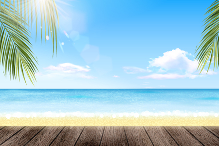 Summer resort with beautiful ocean and palm trees in 3d illustrationのイラスト素材