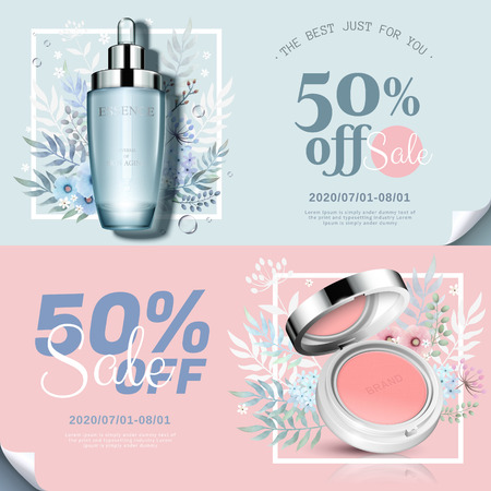 Trendy cosmetic products banner with cheek blush and essence bottle in 3d illustration, watercolor hand drawn floral decorations