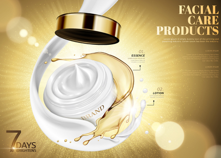 Facial care jar with swirling oil and cream on glowing golden background in 3d illustrationのイラスト素材