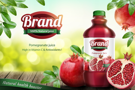 Pomegranates bottled juice ads with fresh fruit on wooden table in 3d illustrationのイラスト素材