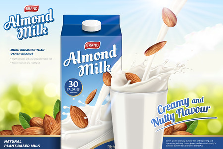 Almond milk ads with liquid pouring down into glass cup on the green glitter background, paper carton package in 3d illustration