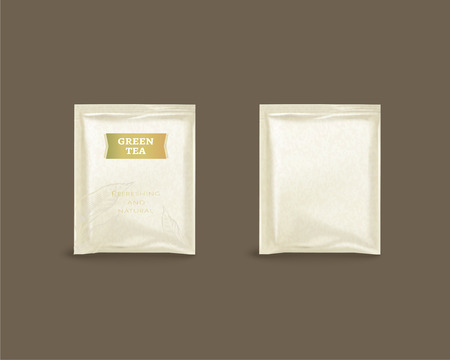 Green tea foil package design in 3d illustration on brown backgroundのイラスト素材