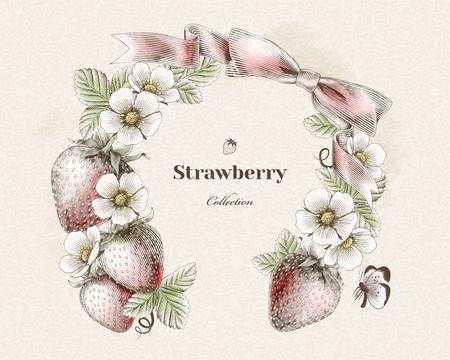 Engraved strawberry and flowers wreath for design use, colorful versionのイラスト素材