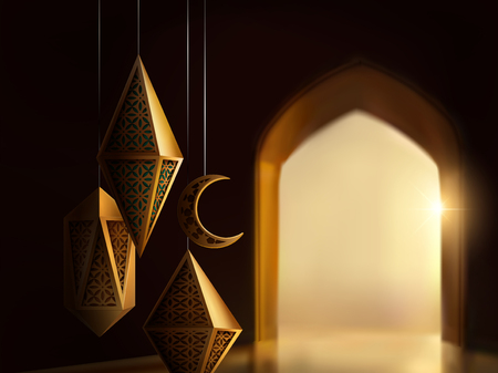 Islamic festival design with carved lanterns on bokeh arch interior baround, 3d illustration