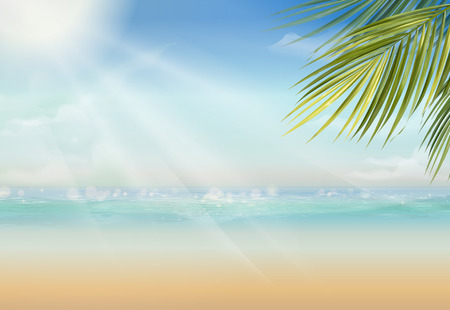 Attractive summer resort with palm leaves and vast ocean in 3d illustrationのイラスト素材