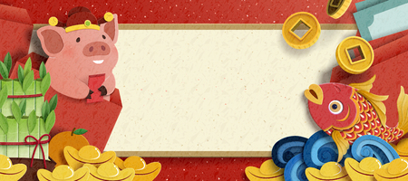 Paper art Chinese new year design with piggy and fish hiding behind gold ingots, copy space for design usesのイラスト素材