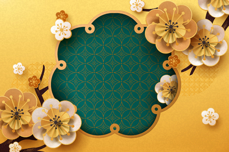 Paper plum flowers and twigs on golden background, copy space for greeting wordsのイラスト素材