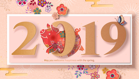 Lovely floral piggy jumps through number 2019 to celebrate new year's coming, paper art styleのイラスト素材