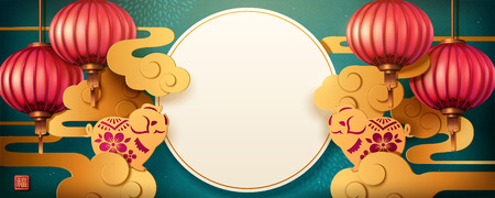 Turquoise lunar year banner design with hanging lantern and pig in paper art, copy space for greeting wordsのイラスト素材