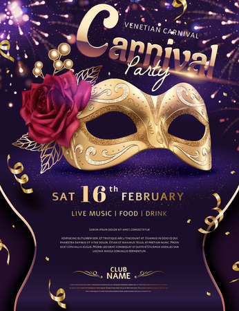 Venice Carnival poster with luxury golden mask and firework effect, 3d illustrationのイラスト素材