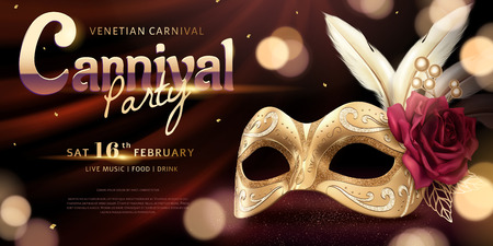Venice Carnival party banner with luxury golden mask and feather on bokeh background, 3d illustrationのイラスト素材