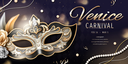 Venice carnival banner design with beautiful mask in 3d illustration, bokeh rhombus backgroundのイラスト素材