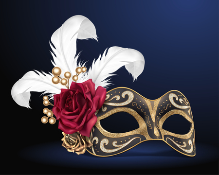 Carnival beautiful mask with feathers and roses in 3d illustrationのイラスト素材