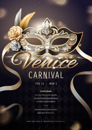 Venice carnival poster design with beautiful mask in 3d illustration, bokeh backgroundのイラスト素材