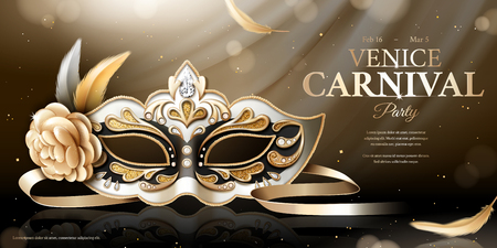 Venice carnival banner with glittering mask in 3d illustration, bokeh backgroundのイラスト素材