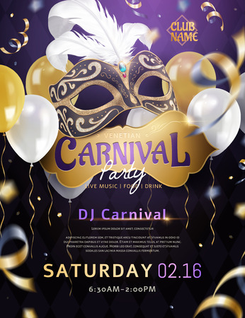 Venetian carnival poster with luxurious mask and balloons in 3d illustrationのイラスト素材