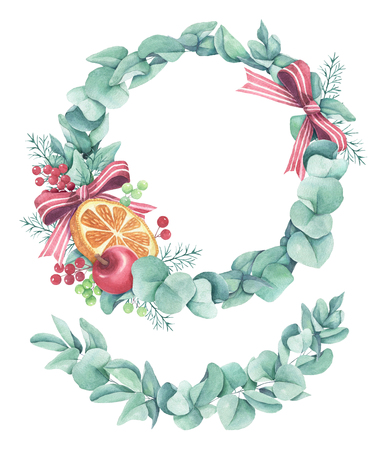 Eucalyptus leaves wreath with bow and orange in hand drawn watercolor styleの写真素材