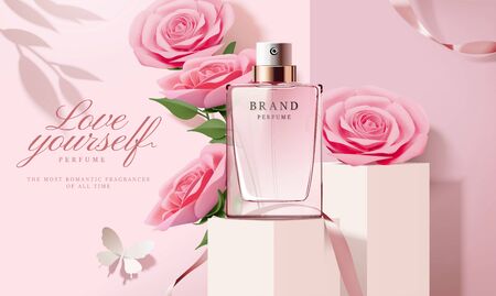 Elegant perfume ads with paper light pink roses decorations in 3d illustration