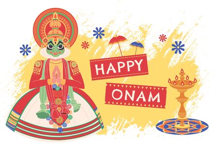Happy Onam Kerala Kathakali dancer in flat designのイラスト素材
