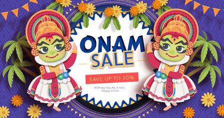 Happy Onam festival sale design with cute Kathakali dancer on purple background in paper artのイラスト素材