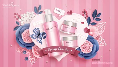 3d illustration pink cosmetic skincare set lying on paper heart with flowers and butterfly, flat lay stripe background