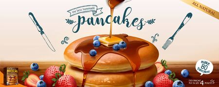 Pancake mix banner ads with honey dripping on delicious fluffy pancakes and fruits in 3d illustrationのイラスト素材
