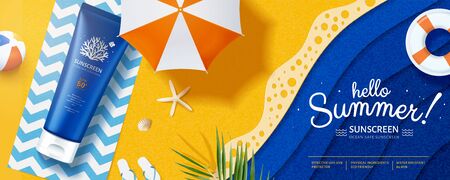 3d illustration Ocean friendly sunscreen laying on paper art beach, lovely sunblock banner adsのイラスト素材