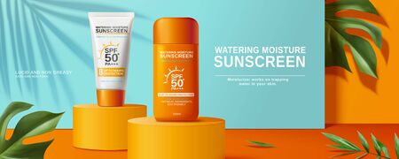 Summer sunscreen cream banner ads on round podium in 3d illustration, orange and blue background