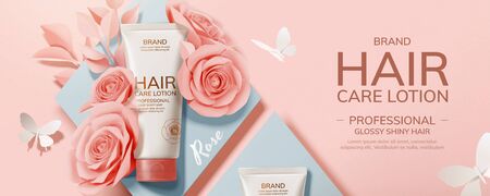 Flat lay hair care product with paper roses and butterfly decorations, 3d illustration cosmetic ads