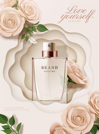 Elegant perfume poster ads with paper roses and hollow background in 3d illustrationのイラスト素材