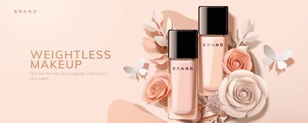 Flat lay foundation in glass bottle with paper roses and butterfly, 3d illustration cosmetic adsのイラスト素材