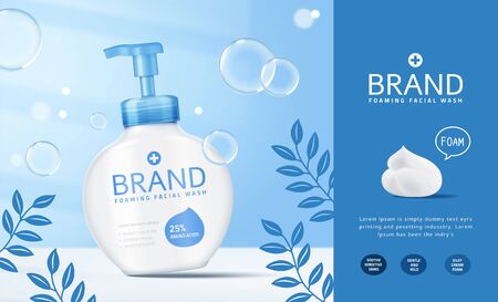 Foaming facial wash pump bottle ads with bubbles effect in 3d illustration